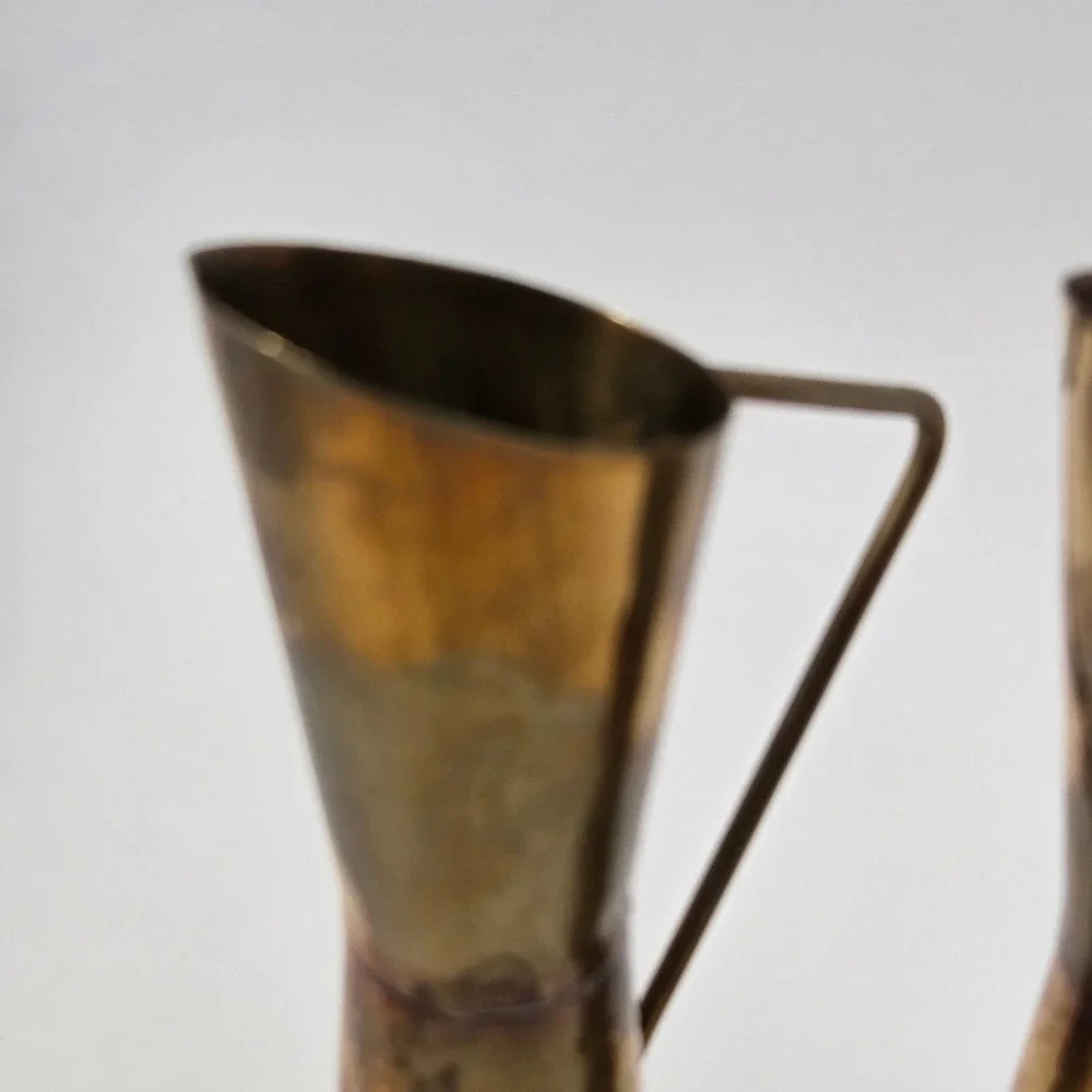 Vintage Hammered Brass Pitcher Pair Mid Century Modern Decorative Vases 7.5in